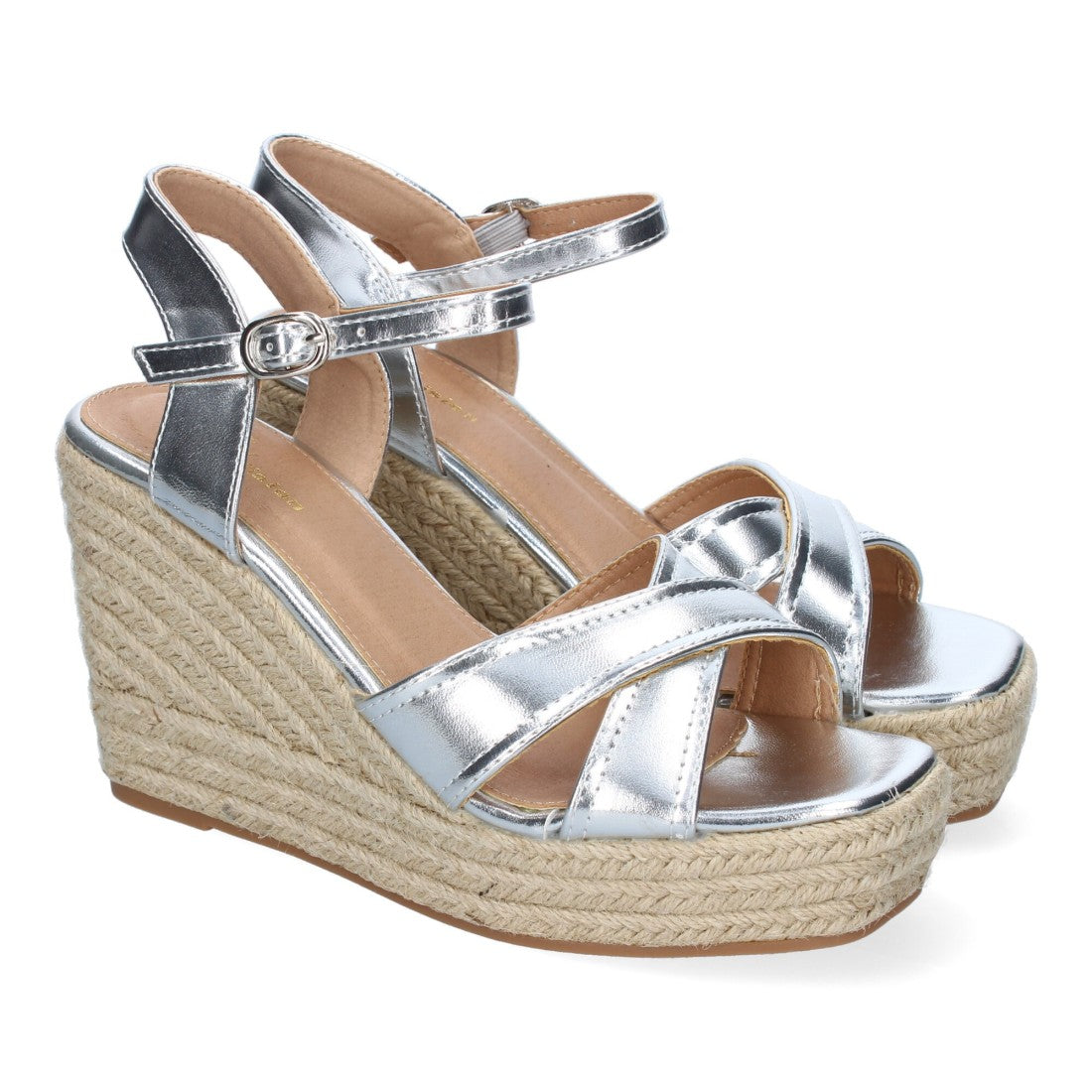 Sandalias Plateadas Mujer Cuña Yute Tiras Cruzadas Elegantes