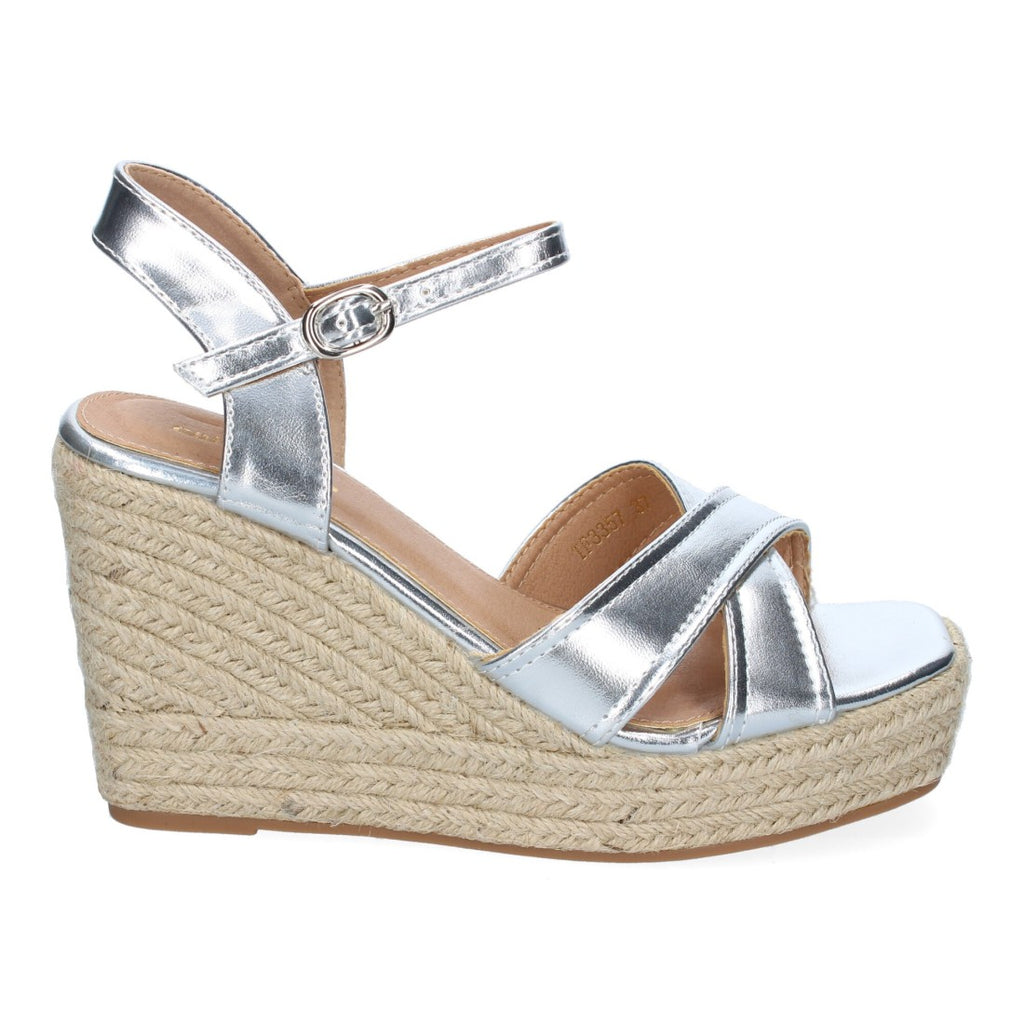 Sandalias Plateadas Mujer Cuña Yute Tiras Cruzadas Elegantes