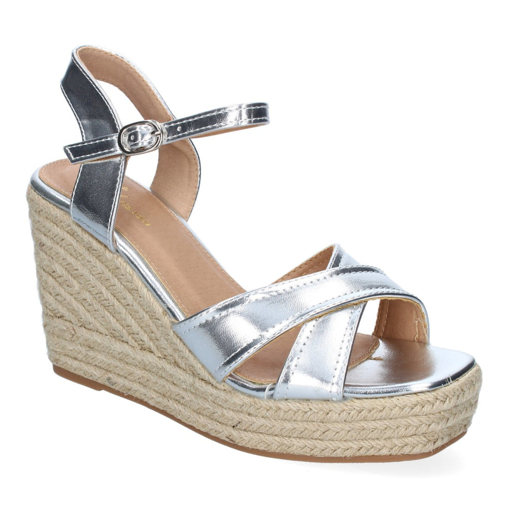 Sandalias Plateadas Mujer Cuña Yute Tiras Cruzadas Elegantes