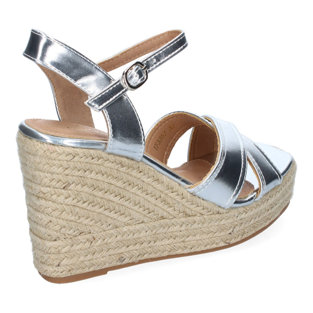 Sandalias Plateadas Mujer Cuña Yute Tiras Cruzadas Elegantes