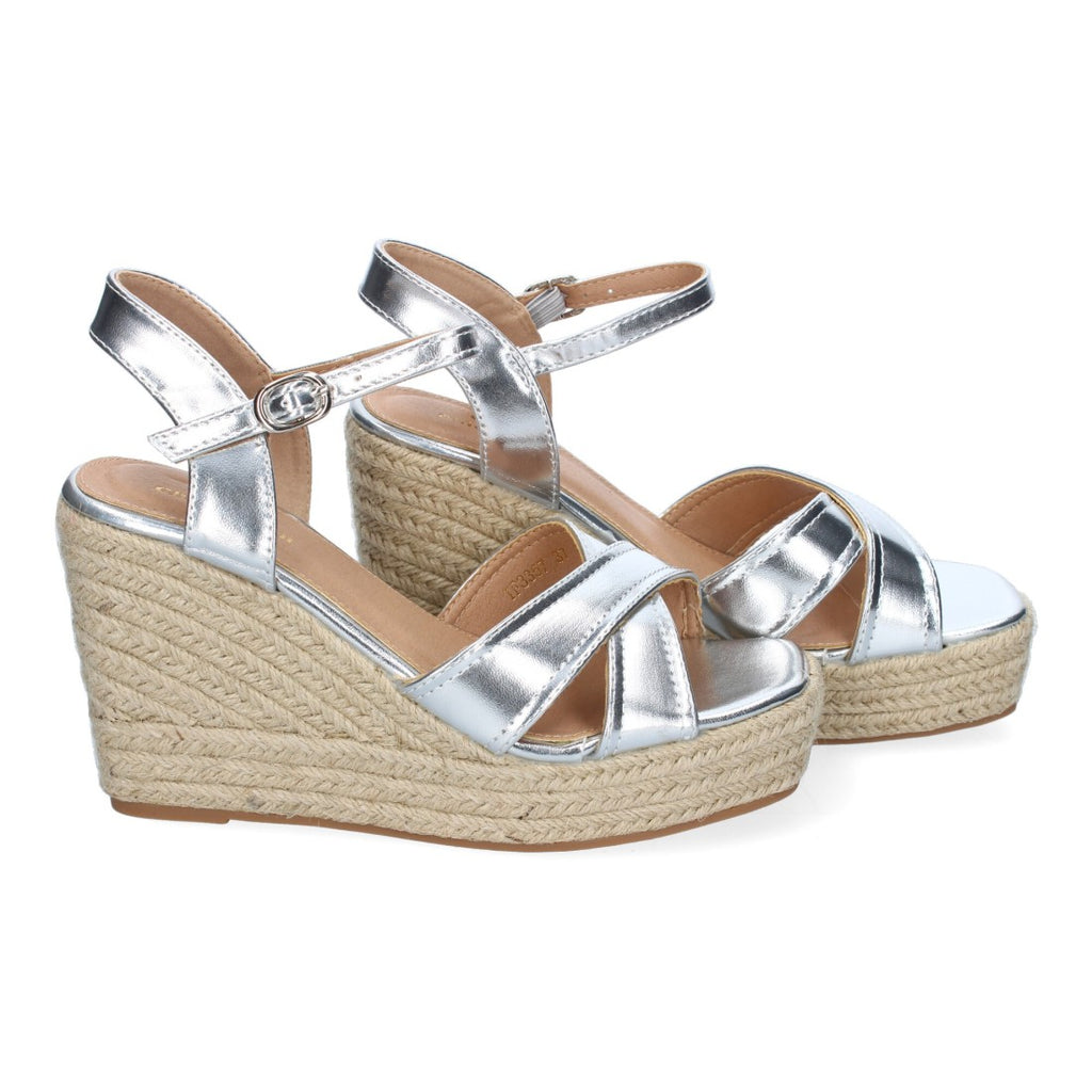 Sandalias Plateadas Mujer Cuña Yute Tiras Cruzadas Elegantes