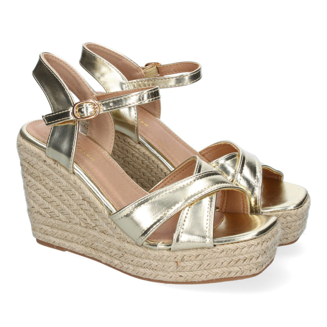 Sandalias Doradas Mujer Cuña Yute Tiras Cruzadas Elegantes