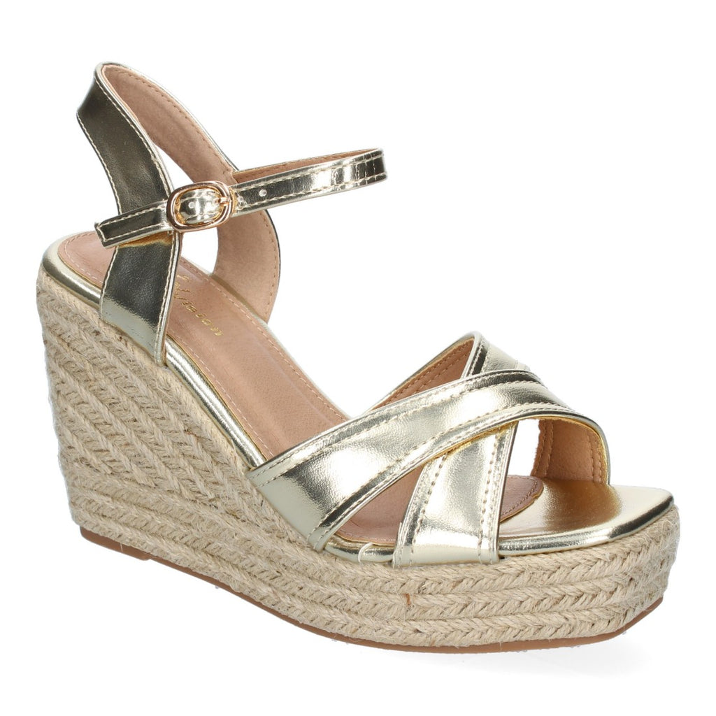 Sandalias Doradas Mujer Cuña Yute Tiras Cruzadas Elegantes