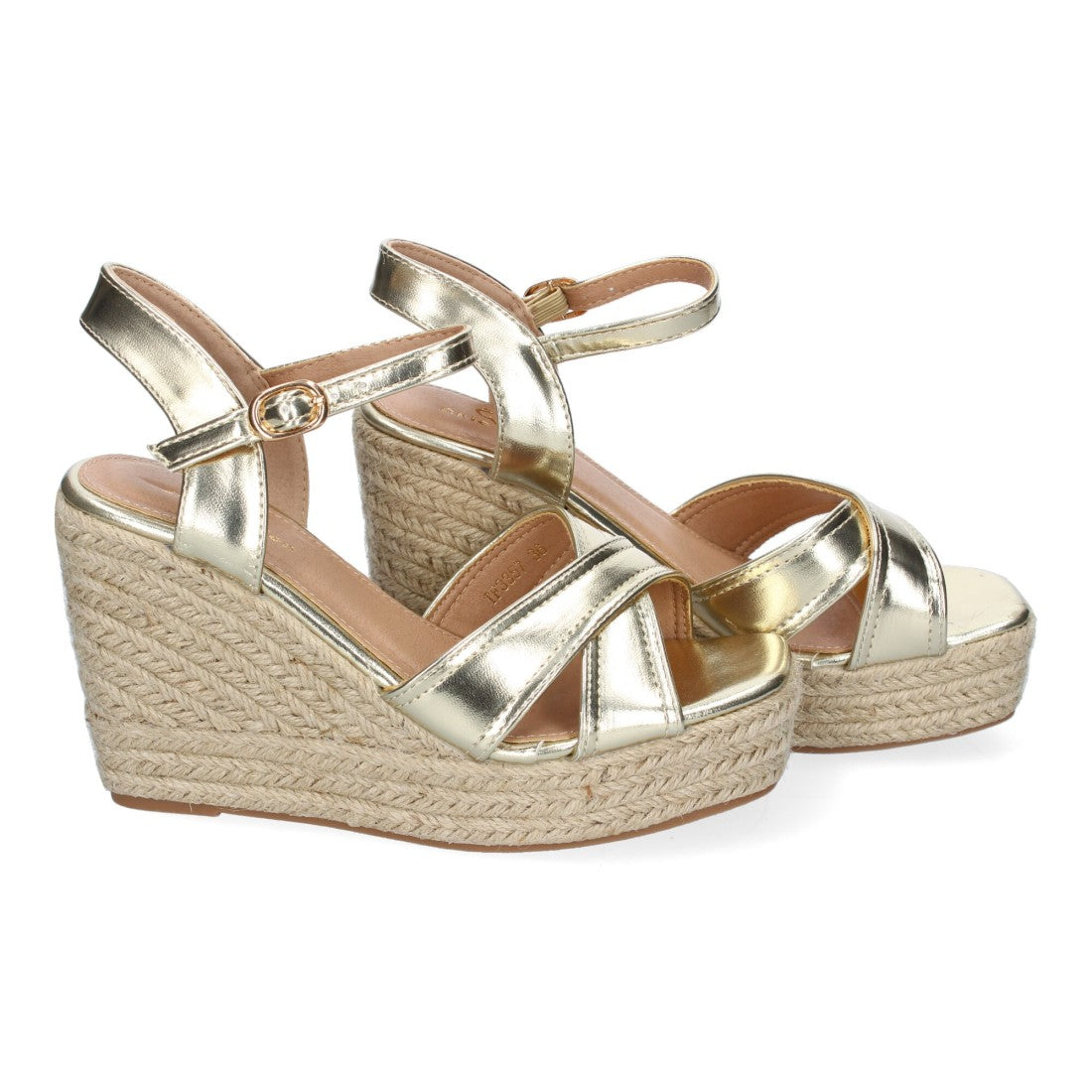 Sandalias Doradas Mujer Cuña Yute Tiras Cruzadas Elegantes