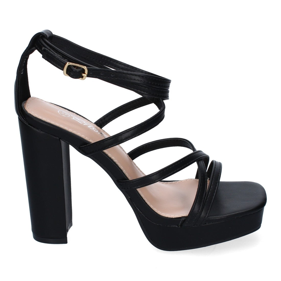Sandalias Negras Tacón Tiras Finas Empeine Hebilla Fiesta