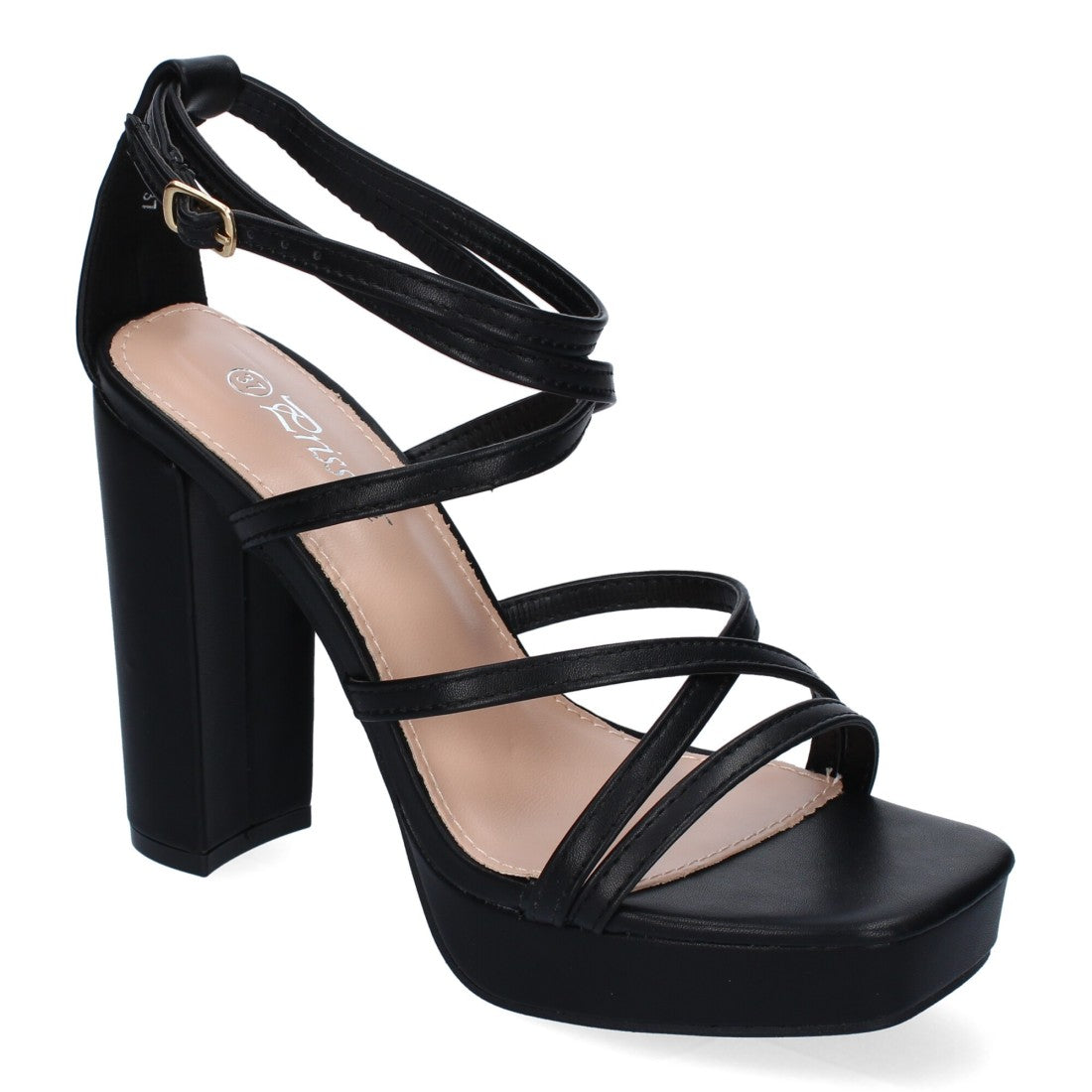 Sandalias Negras Tacón Tiras Finas Empeine Hebilla Fiesta