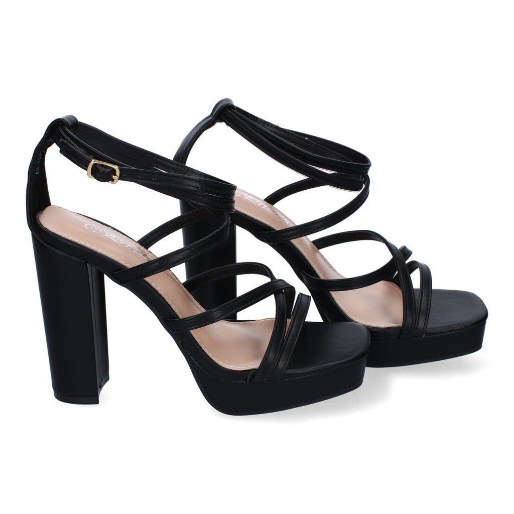 Sandalias Negras Tacón Tiras Finas Empeine Hebilla Fiesta
