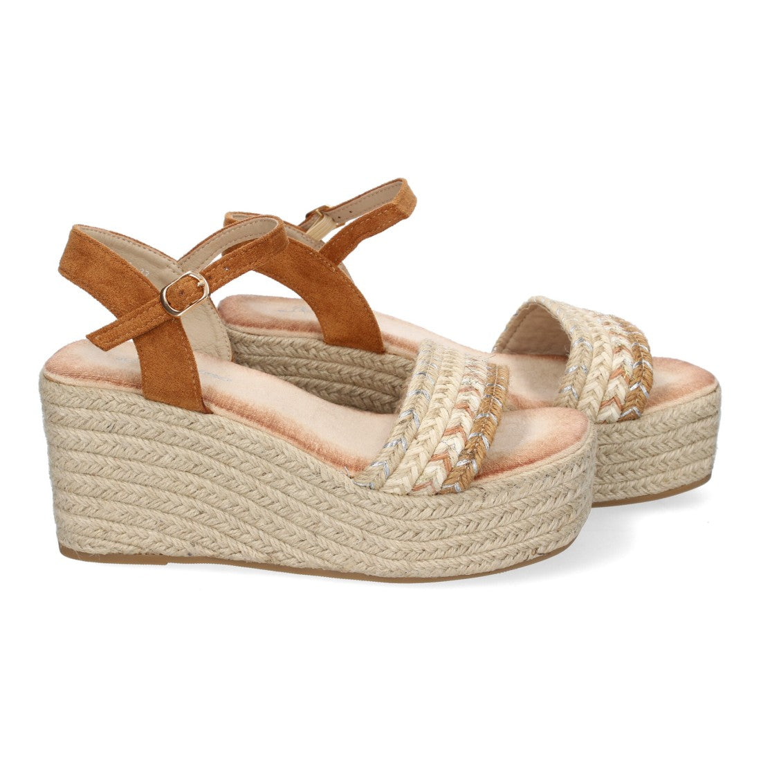 Sandalias Camel Mujer Cuña Yute Pala Trenzada Hebilla Elegantes