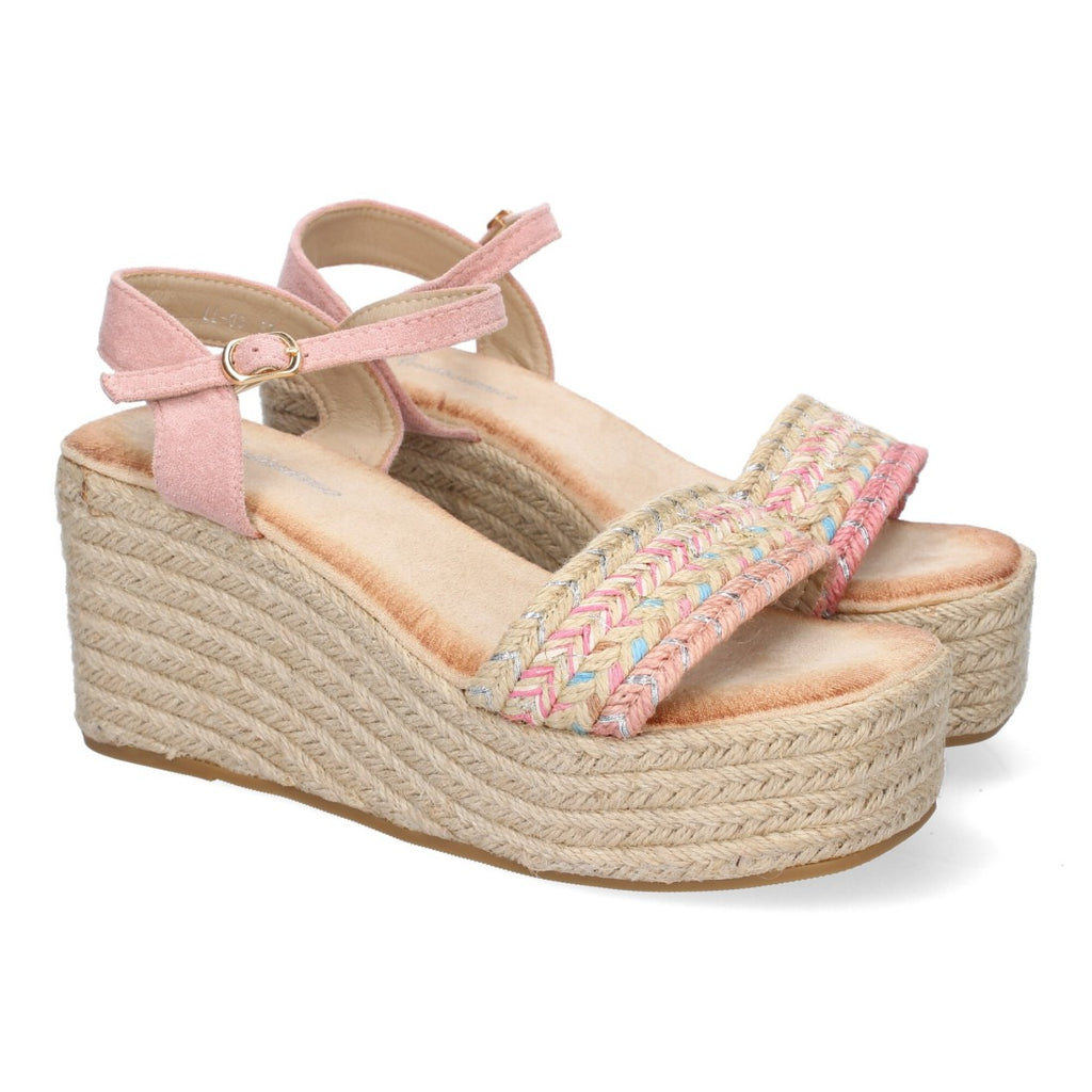 Sandalias Rosa Mujer Cuña Yute Pala Trenzada Hebilla Elegantes