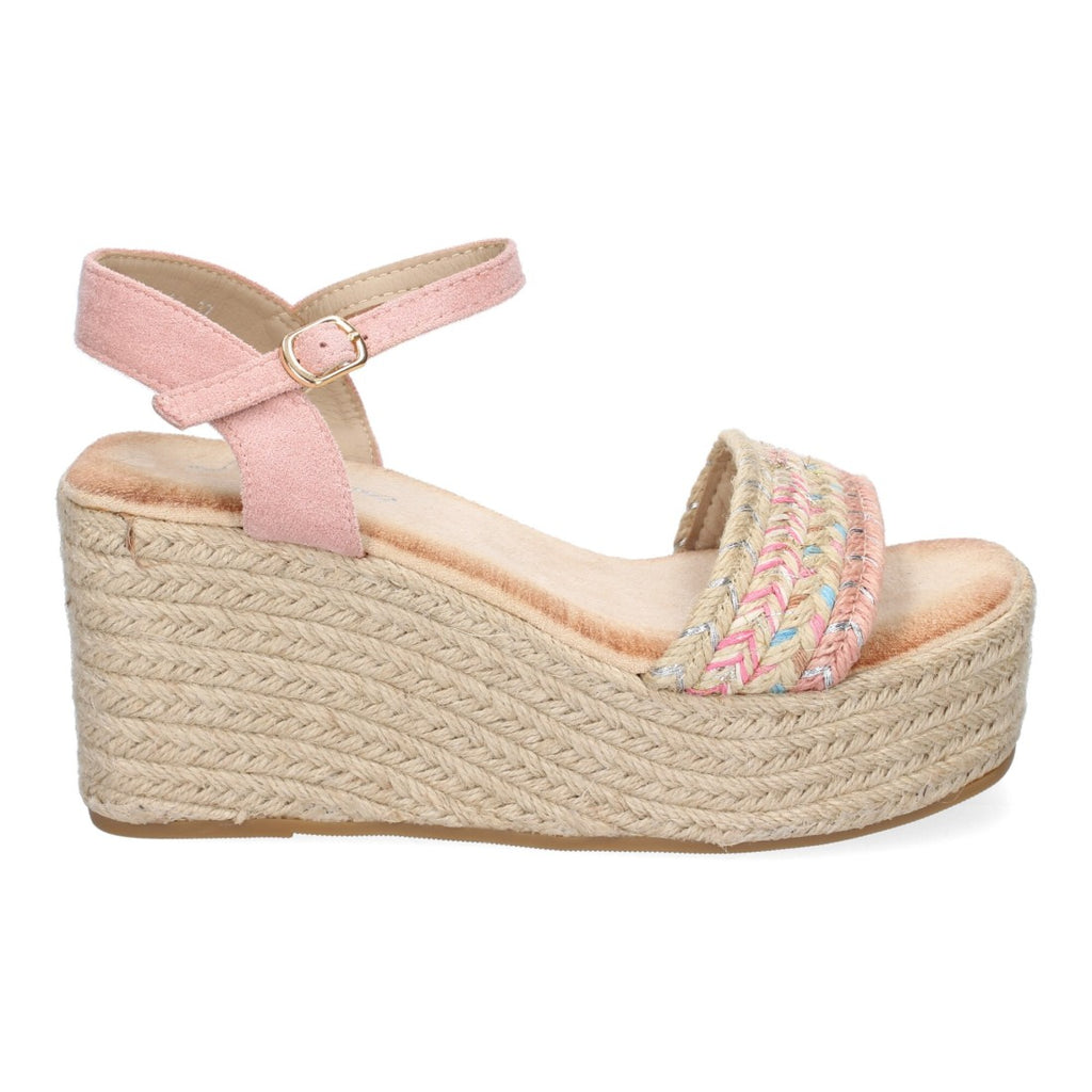Sandalias Rosa Mujer Cuña Yute Pala Trenzada Hebilla Elegantes