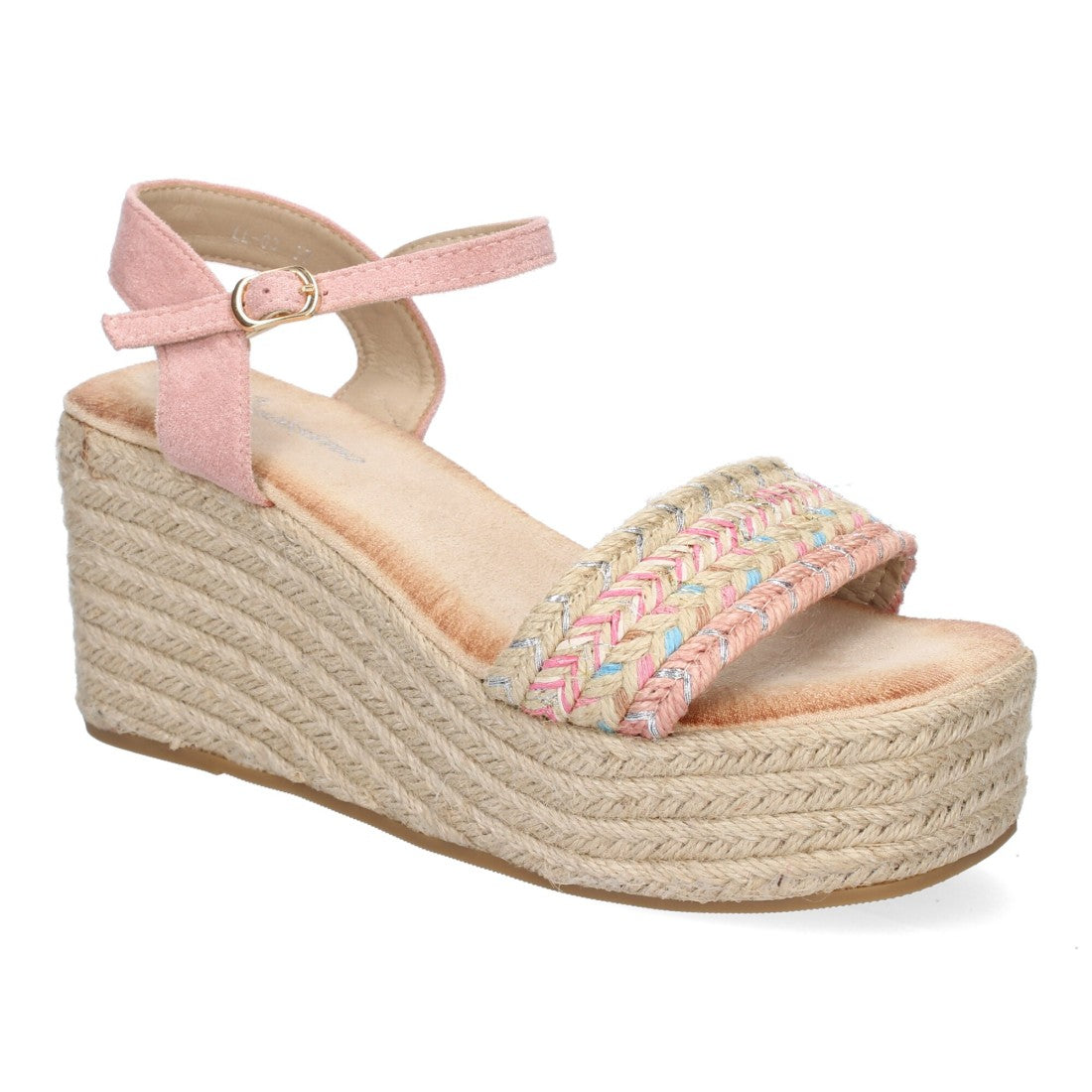 Sandalias Rosa Mujer Cuña Yute Pala Trenzada Hebilla Elegantes