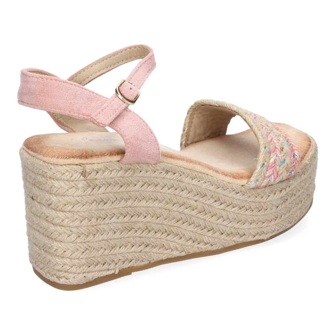 Sandalias Rosa Mujer Cuña Yute Pala Trenzada Hebilla Elegantes