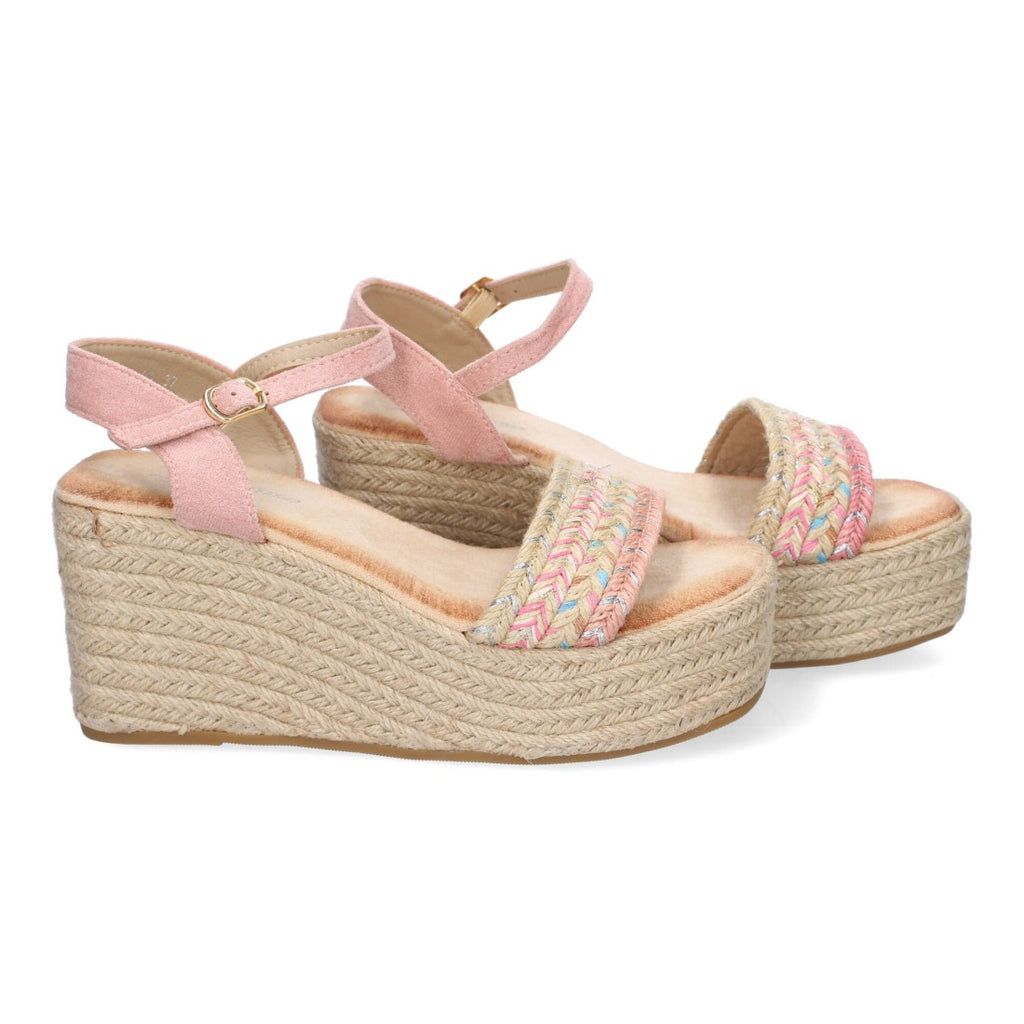 Sandalias Rosa Mujer Cuña Yute Pala Trenzada Hebilla Elegantes