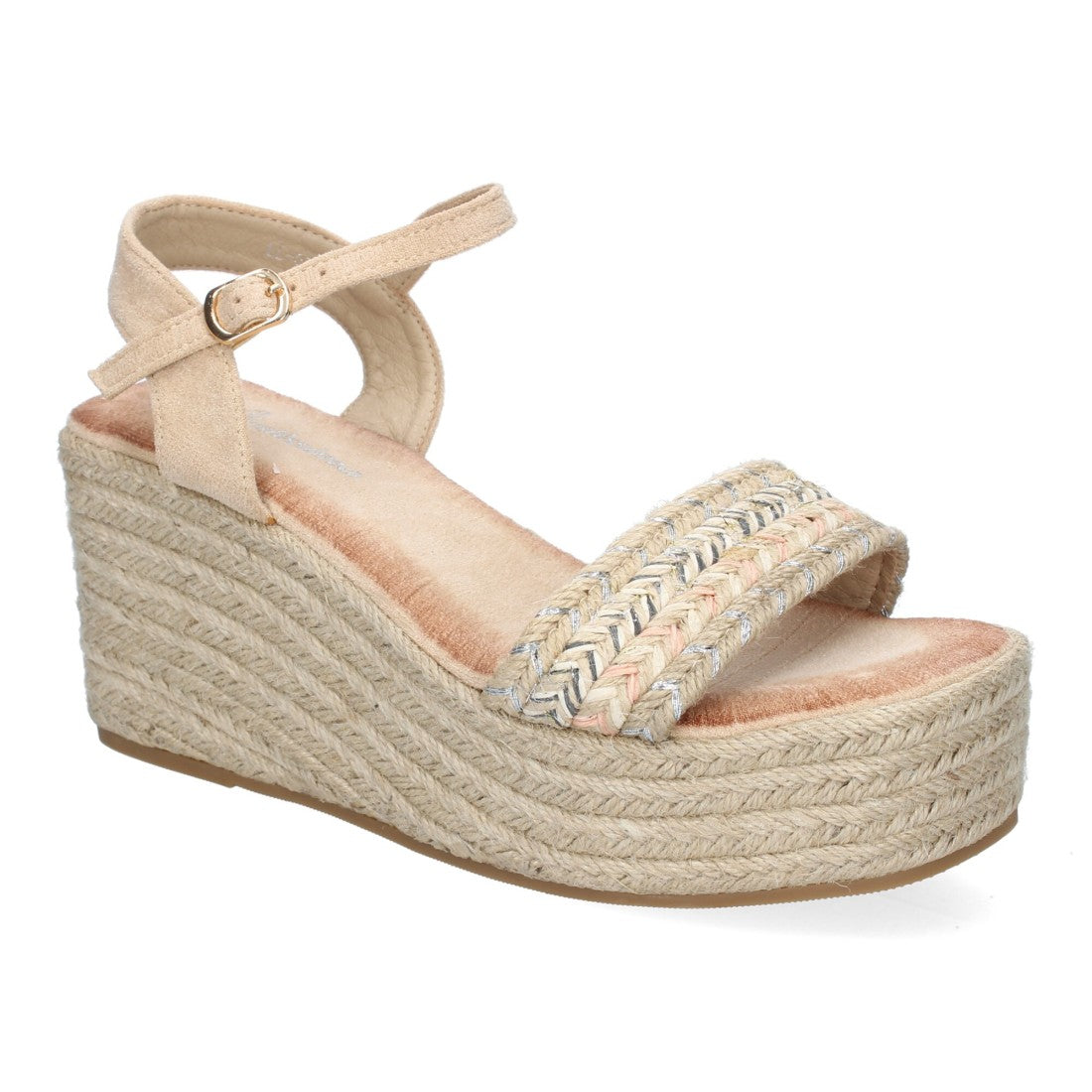 Sandalias Beige Mujer Cuña Yute Pala Trenzada Hebilla Elegantes