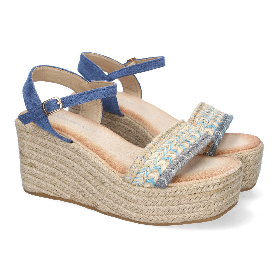 Sandalias Azul Mujer Cuña Yute Pala Trenzada Hebilla Elegantes