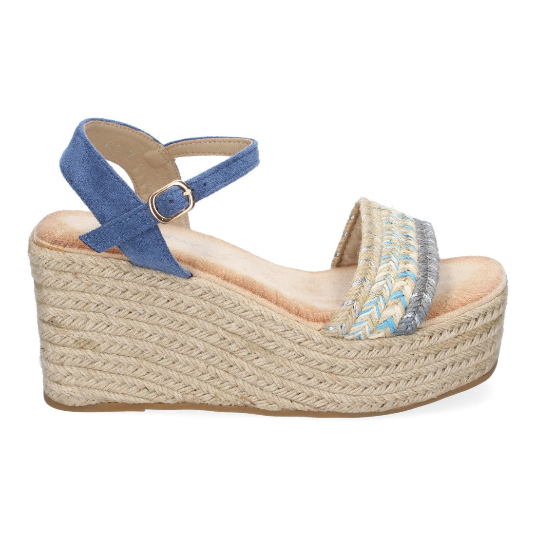 Sandalias Azul Mujer Cuña Yute Pala Trenzada Hebilla Elegantes