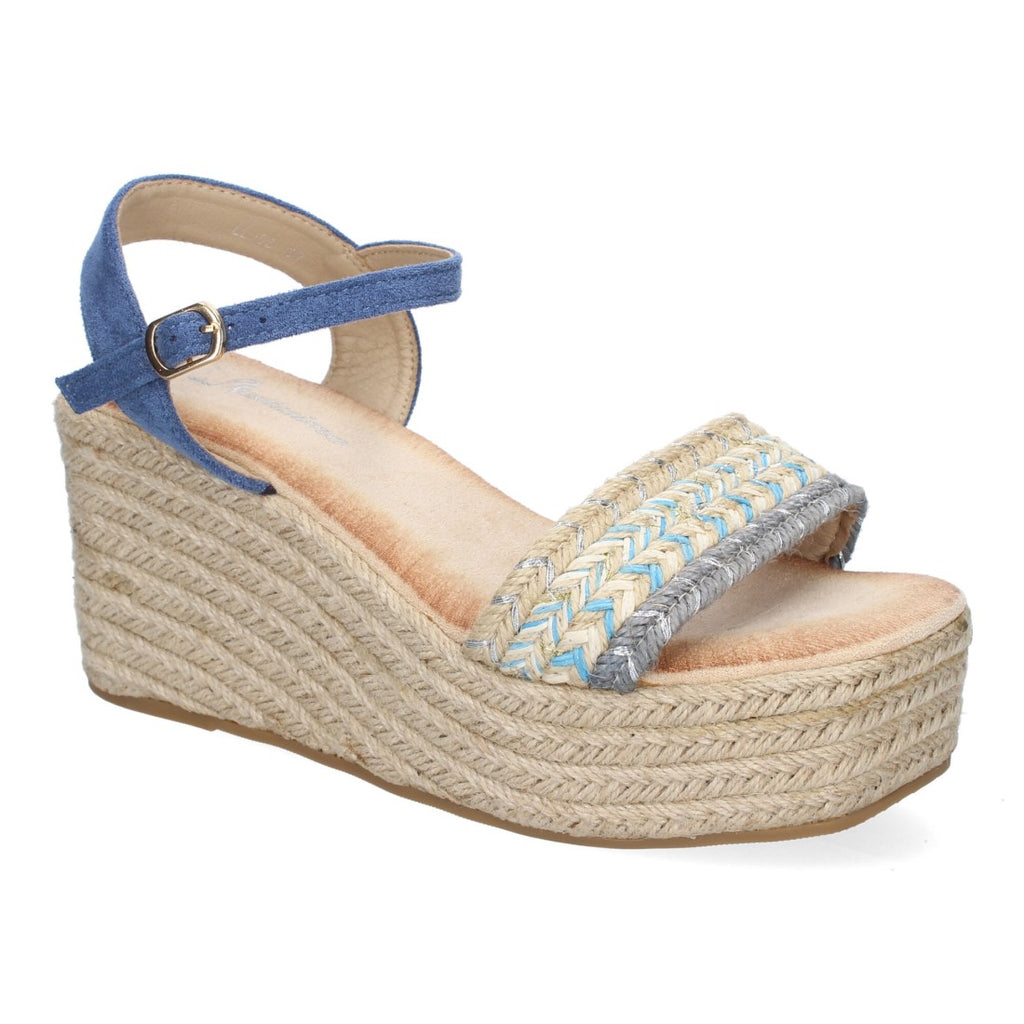 Sandalias Azul Mujer Cuña Yute Pala Trenzada Hebilla Elegantes