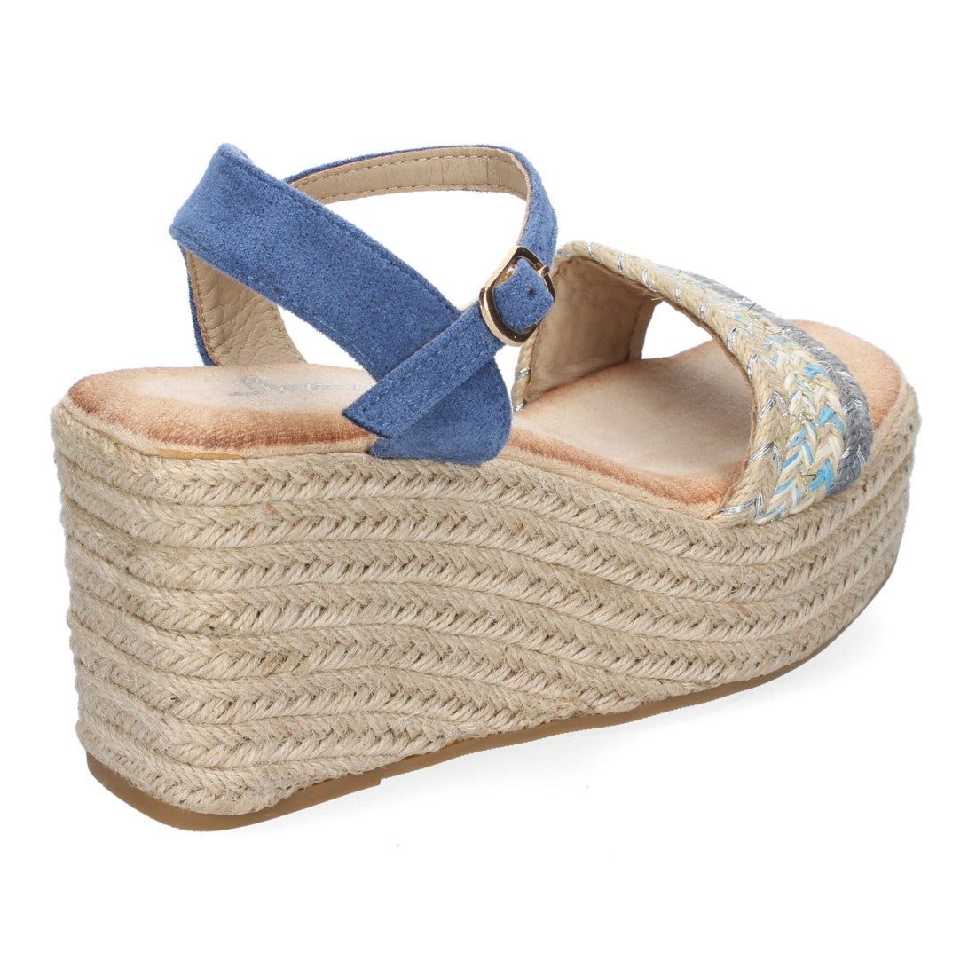 Sandalias Azul Mujer Cuña Yute Pala Trenzada Hebilla Elegantes