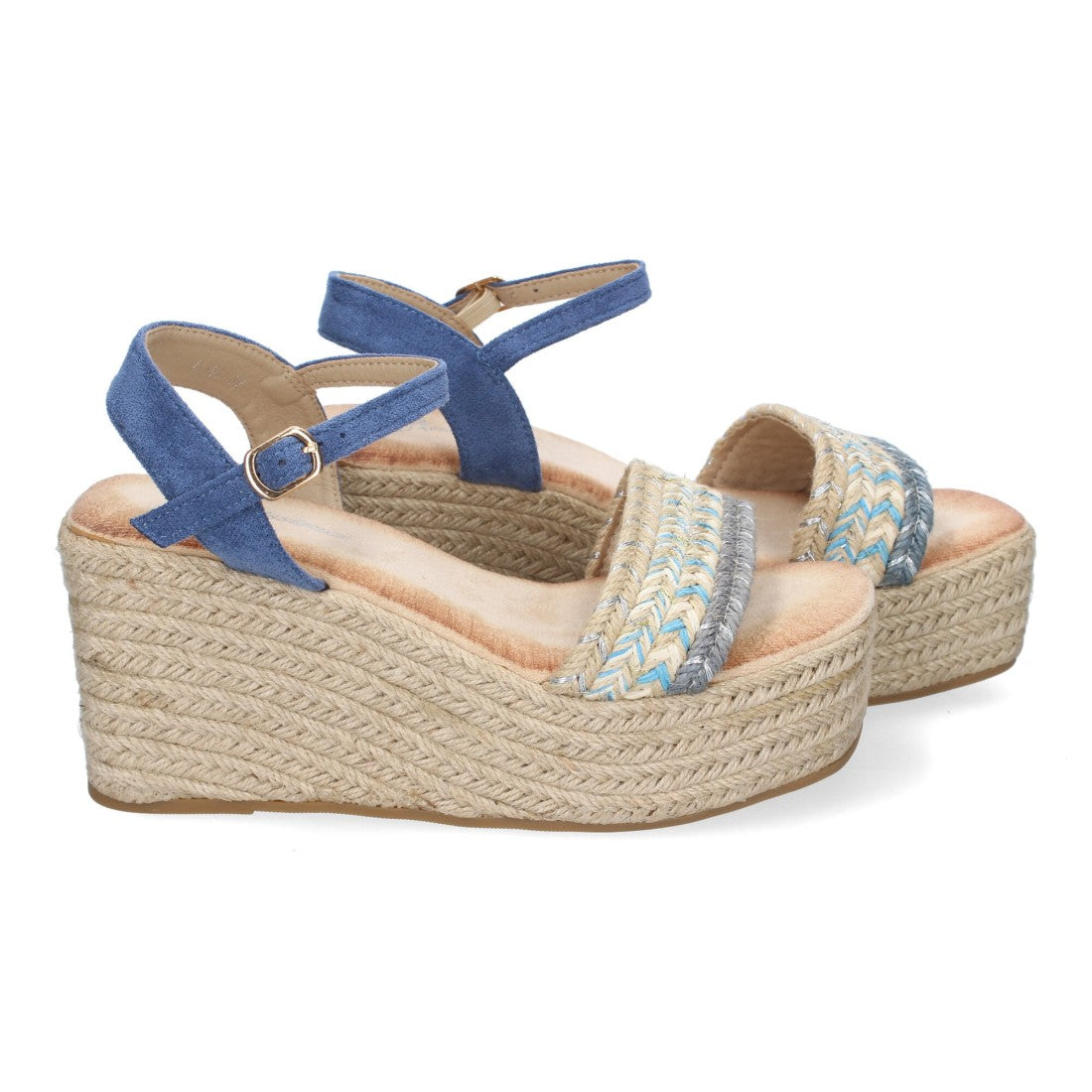 Sandalias Azul Mujer Cuña Yute Pala Trenzada Hebilla Elegantes