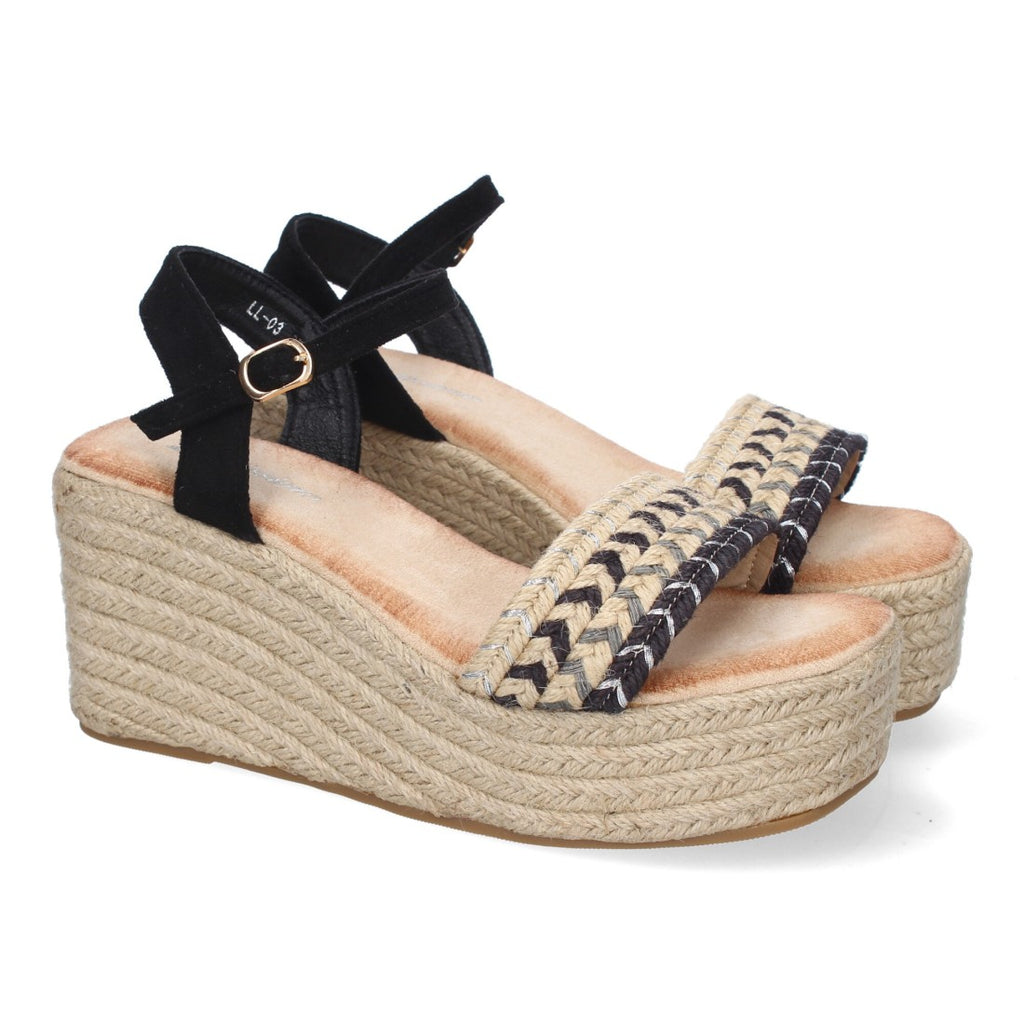Sandalias Negras Mujer Cuña Yute Pala Trenzada Hebilla Elegantes