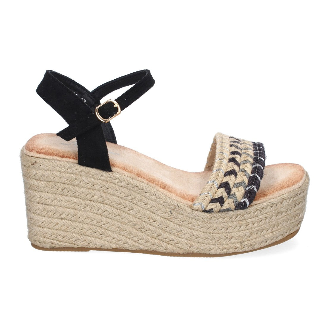 Sandalias Negras Mujer Cuña Yute Pala Trenzada Hebilla Elegantes