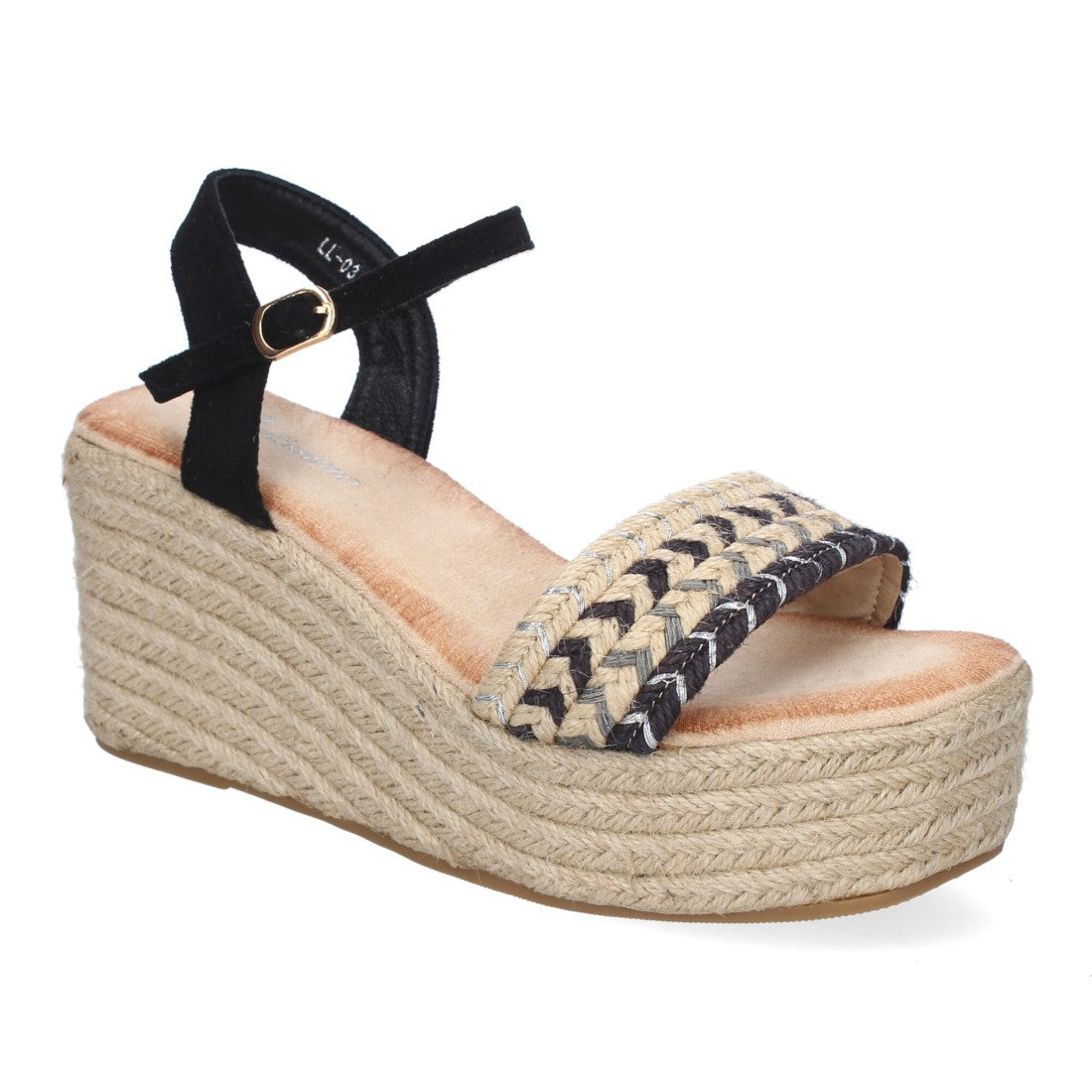 Sandalias Negras Mujer Cuña Yute Pala Trenzada Hebilla Elegantes