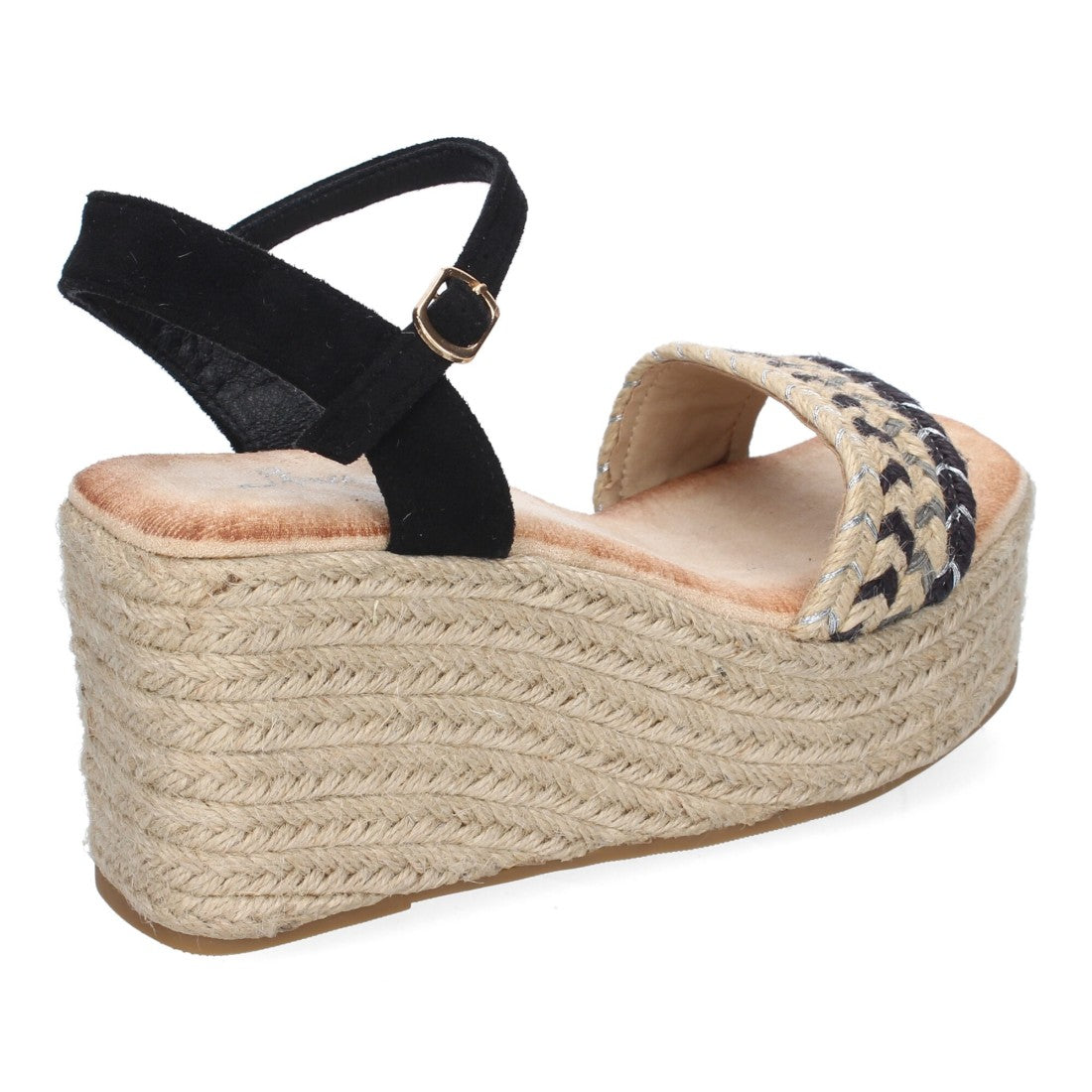 Sandalias Negras Mujer Cuña Yute Pala Trenzada Hebilla Elegantes