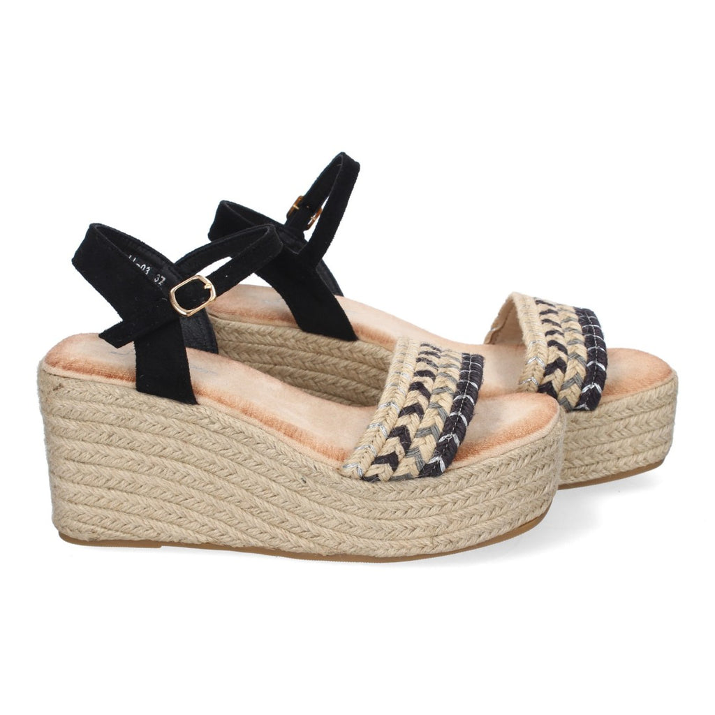 Sandalias Negras Mujer Cuña Yute Pala Trenzada Hebilla Elegantes