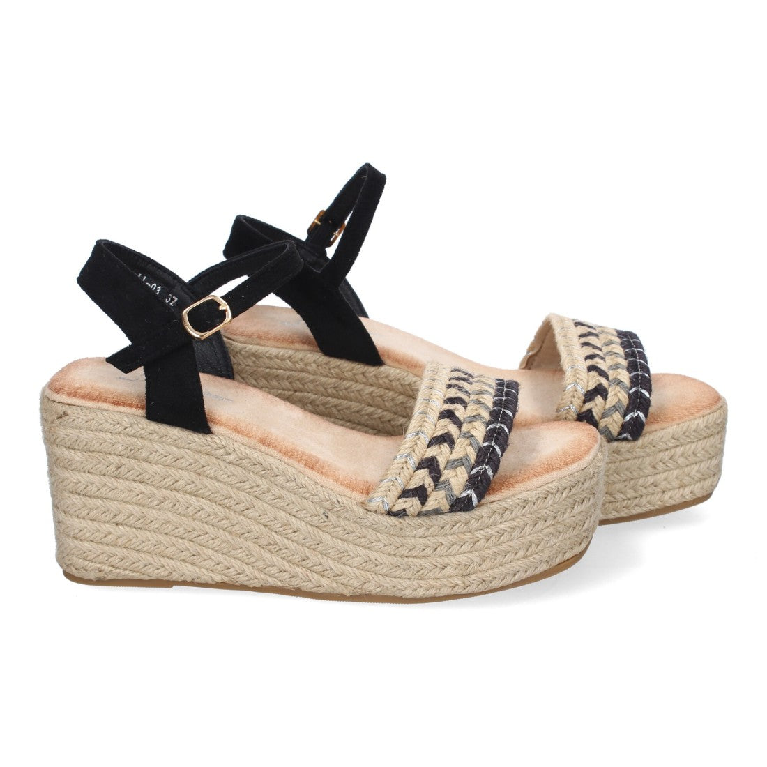 Sandalias Negras Mujer Cuña Yute Pala Trenzada Hebilla Elegantes