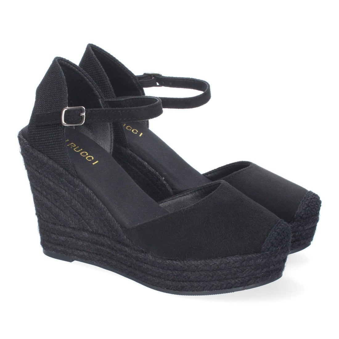 Sandalias Negras Mujer Cuña Yute Tobillo Ajustable Cómodas