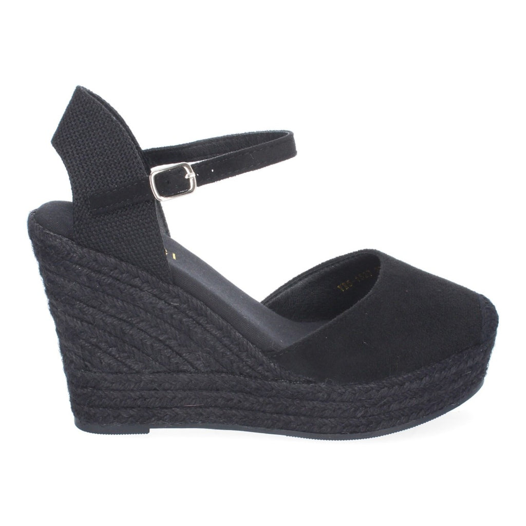 Sandalias Negras Mujer Cuña Yute Tobillo Ajustable Cómodas