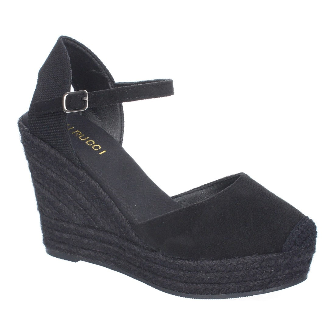 Sandalias Negras Mujer Cuña Yute Tobillo Ajustable Cómodas
