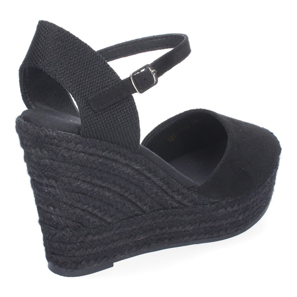 Sandalias Negras Mujer Cuña Yute Tobillo Ajustable Cómodas