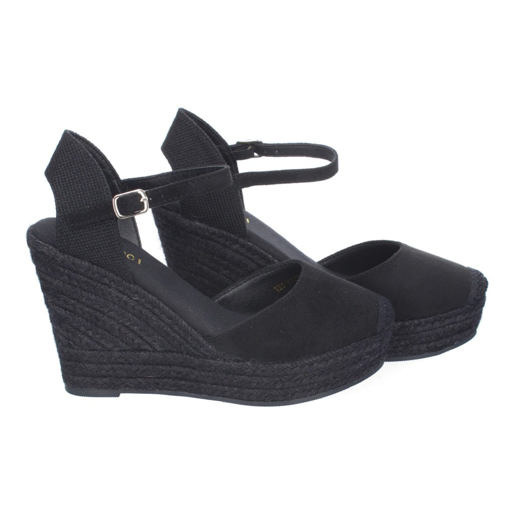 Sandalias Negras Mujer Cuña Yute Tobillo Ajustable Cómodas