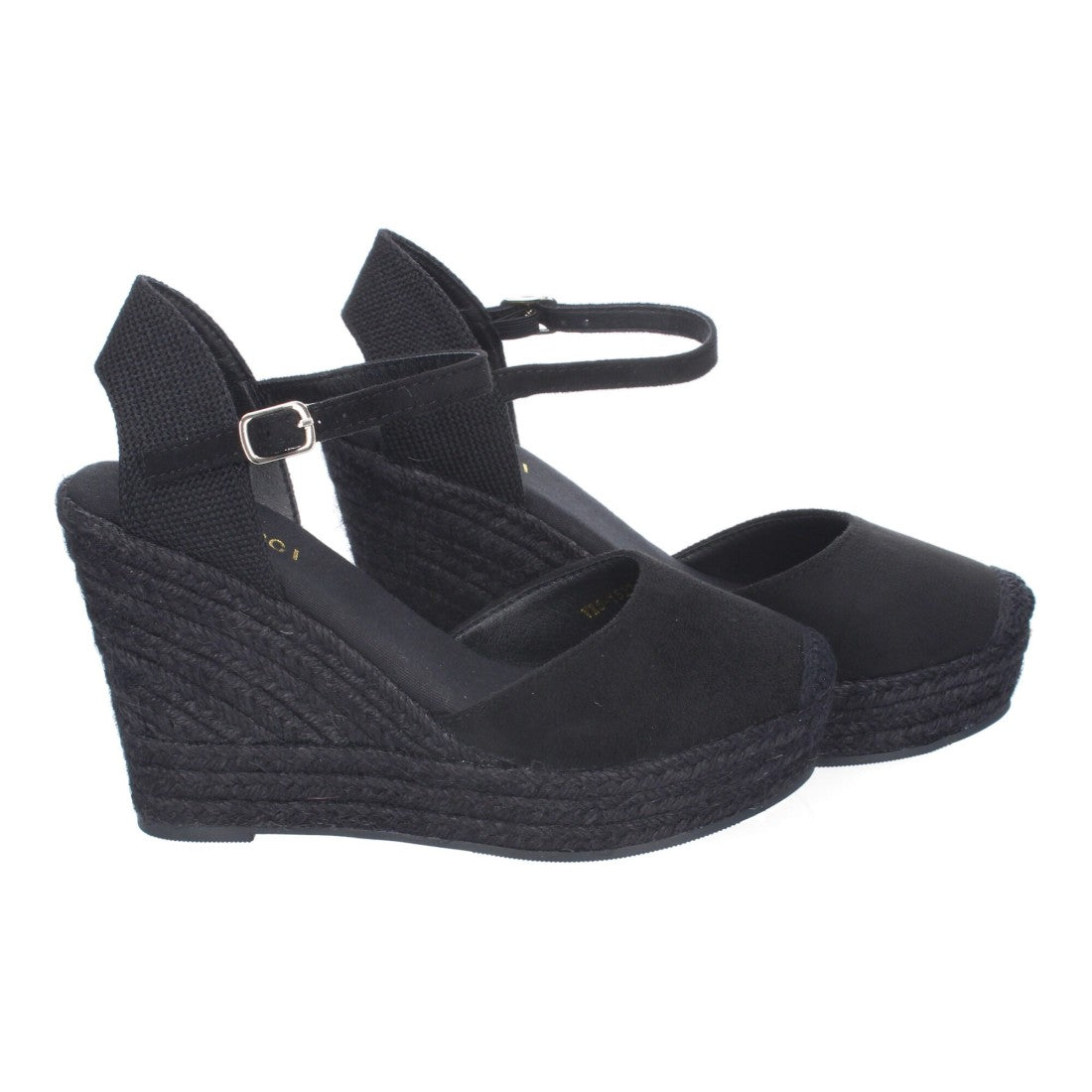 Sandalias Negras Mujer Cuña Yute Tobillo Ajustable Cómodas