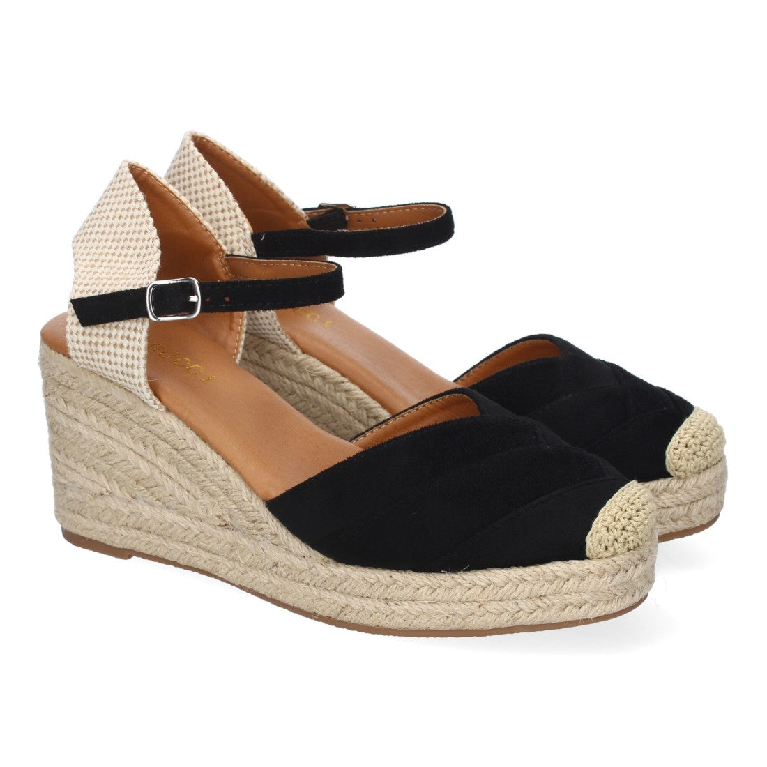 Sandalias Negras Mujer Cuña Yute Detalles Costura Cómodas