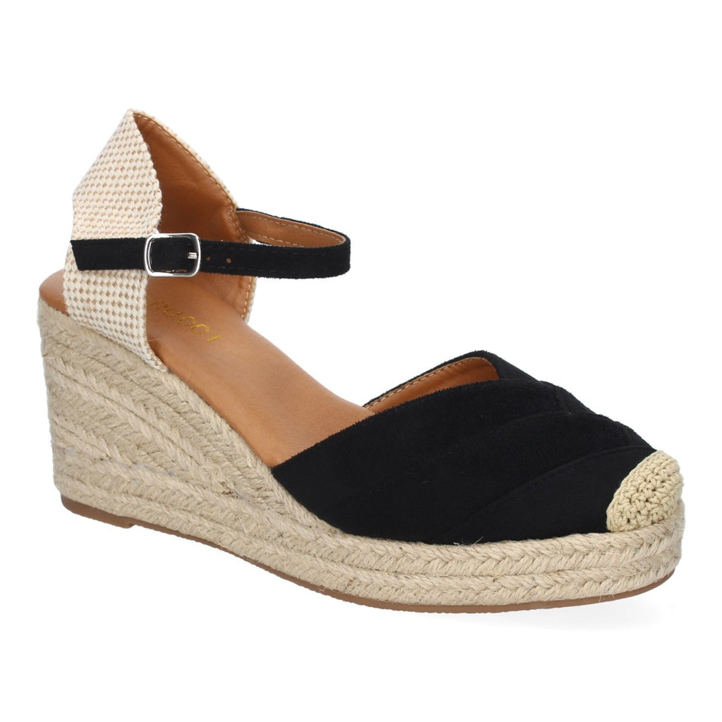 Sandalias Negras Mujer Cuña Yute Detalles Costura Cómodas