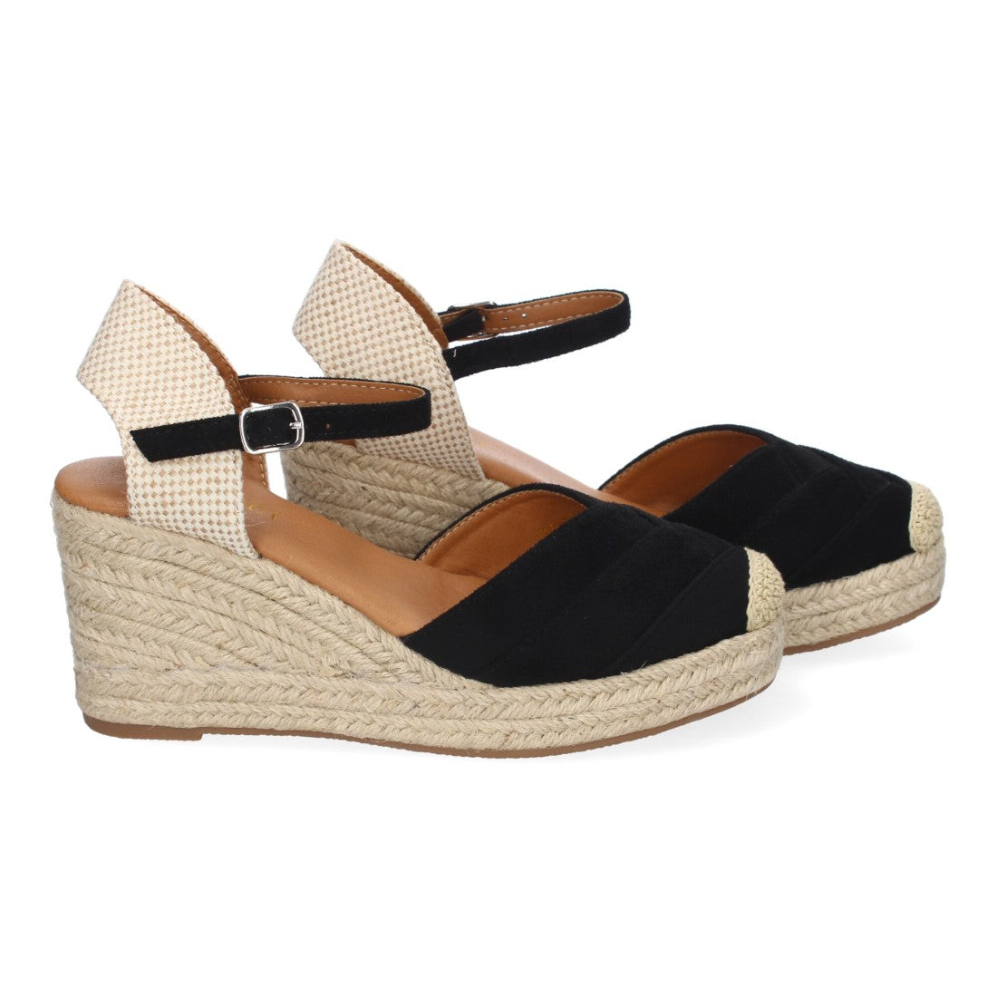 Sandalias Negras Mujer Cuña Yute Detalles Costura Cómodas
