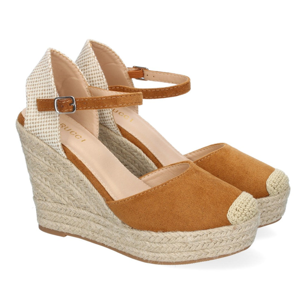 Sandalias Camel Mujer Cuña Yute Punta Bordada Cómodas