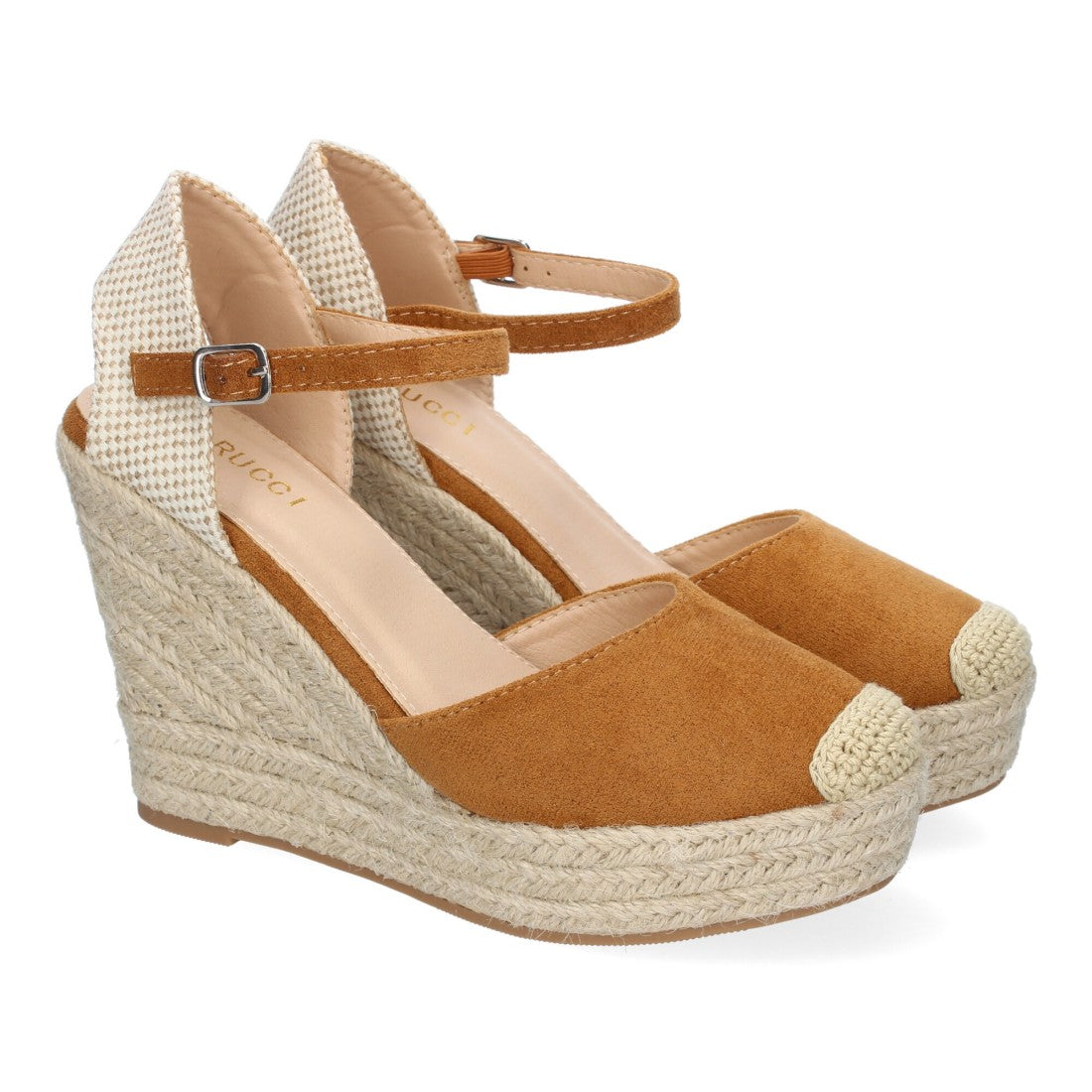 Sandalias Camel Mujer Cuña Yute Punta Bordada Cómodas