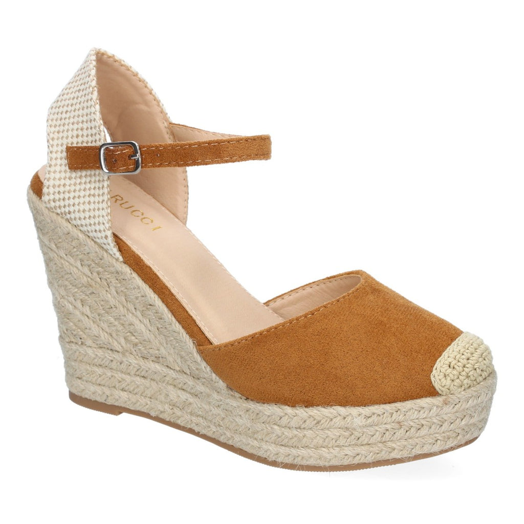 Sandalias Camel Mujer Cuña Yute Punta Bordada Cómodas