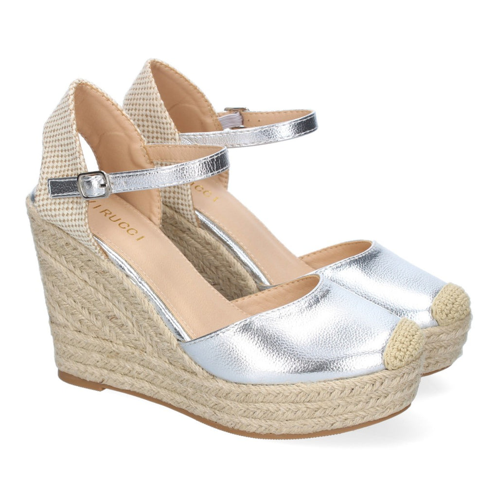 Sandalias Plateadas Mujer Cuña Yute Punta Bordada Cómodas