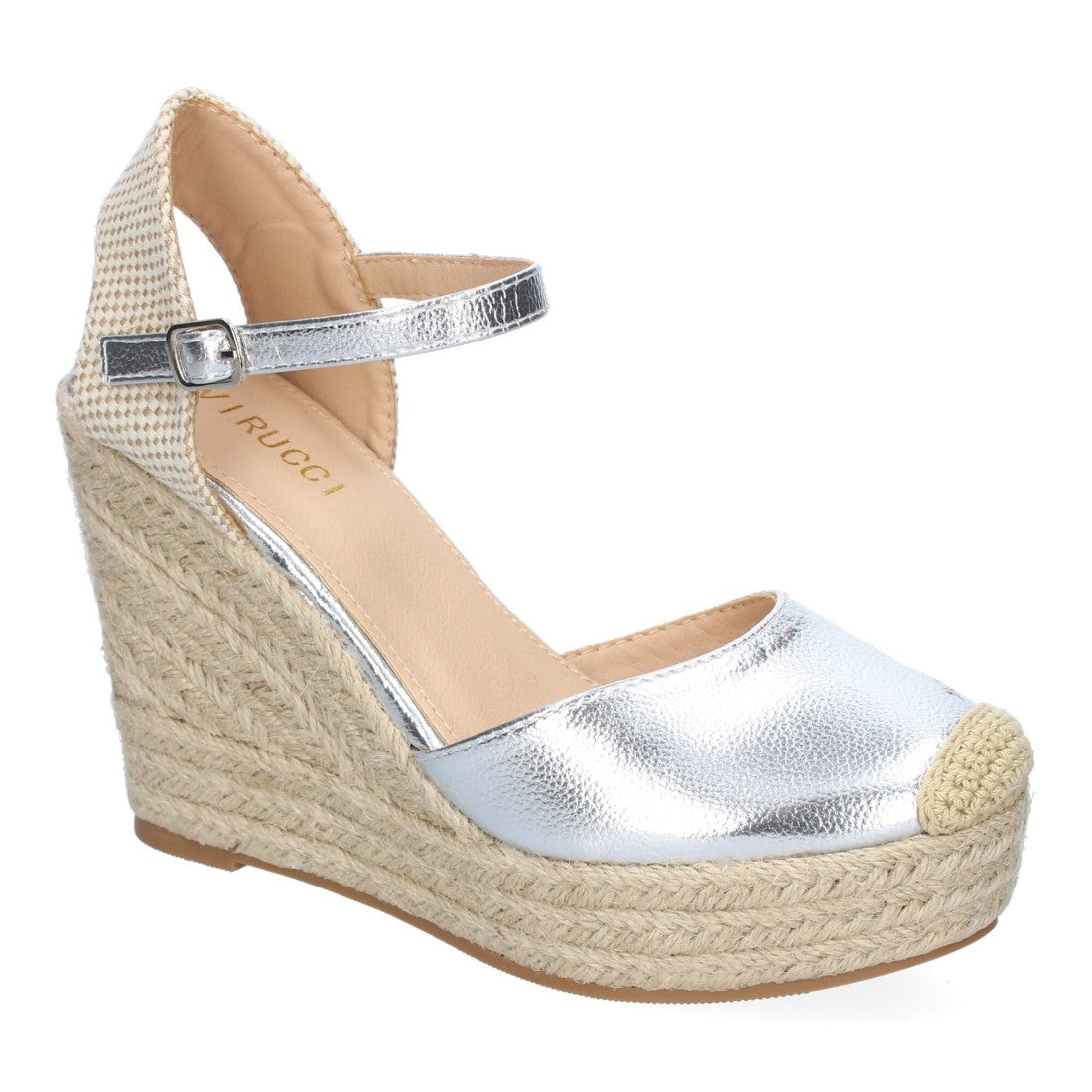 Sandalias Plateadas Mujer Cuña Yute Punta Bordada Cómodas