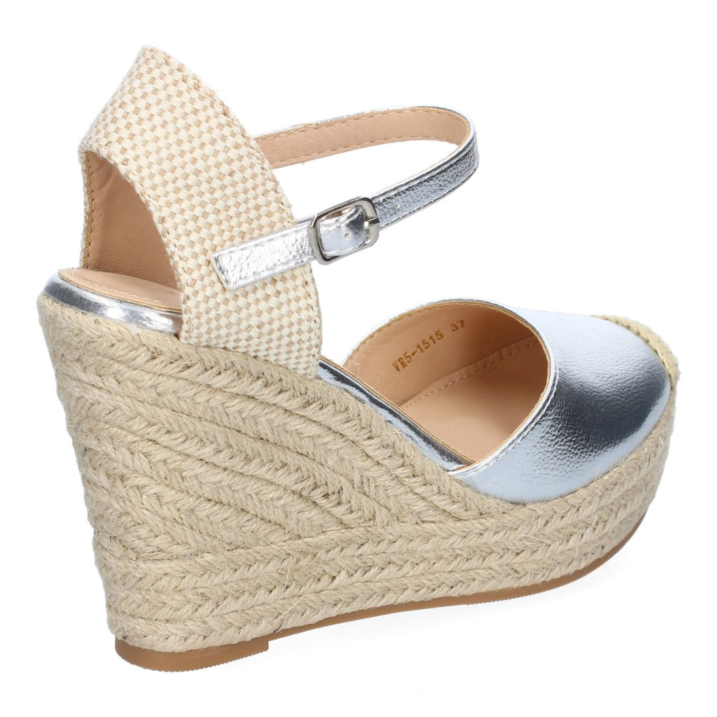 Sandalias Plateadas Mujer Cuña Yute Punta Bordada Cómodas