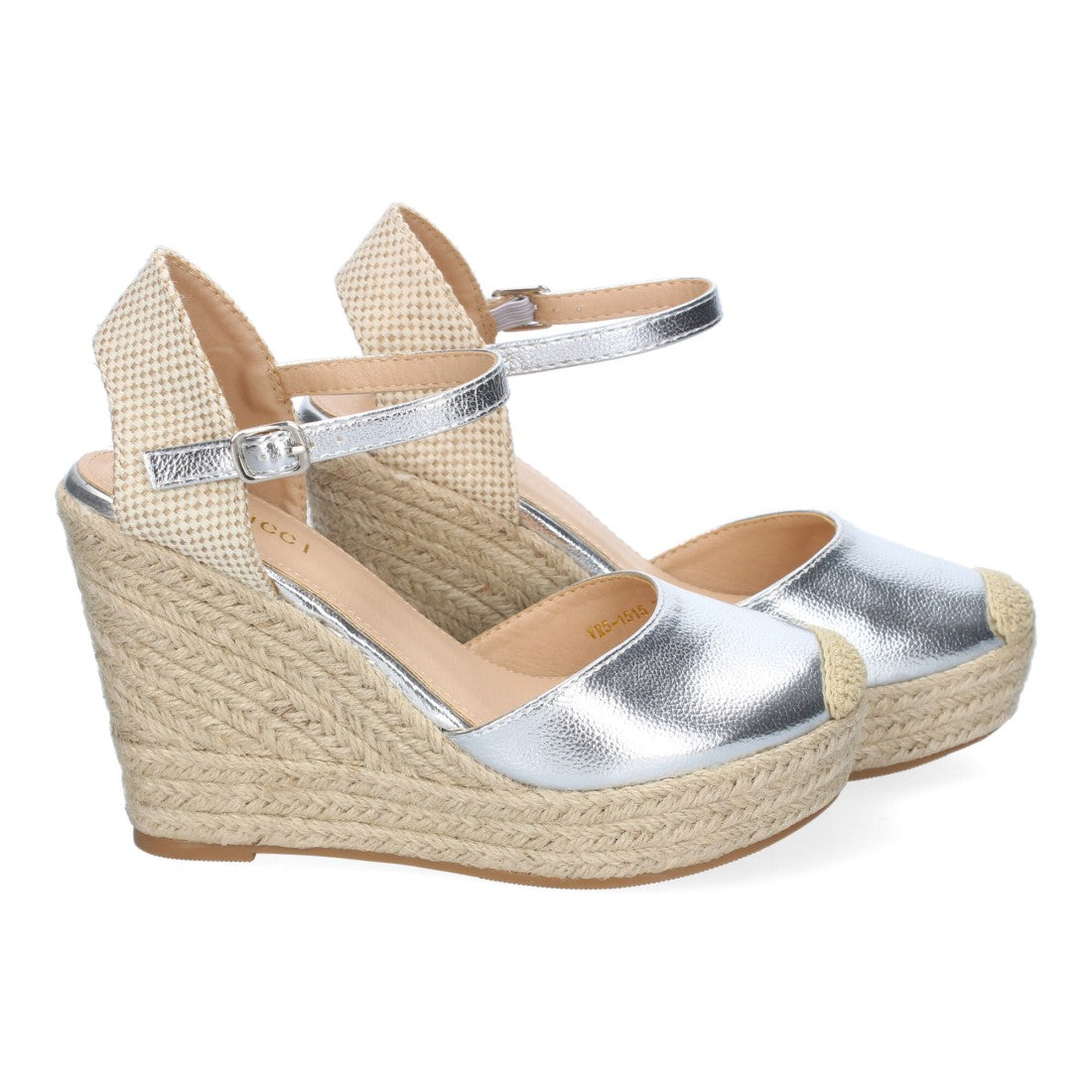 Sandalias Plateadas Mujer Cuña Yute Punta Bordada Cómodas