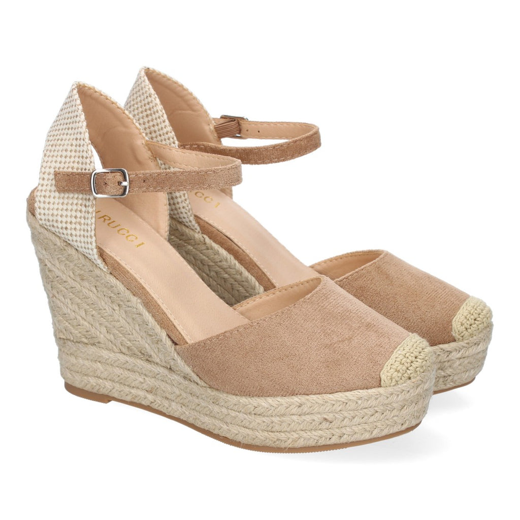 Sandalias Taupe Mujer Cuña Yute Punta Bordada Cómodas