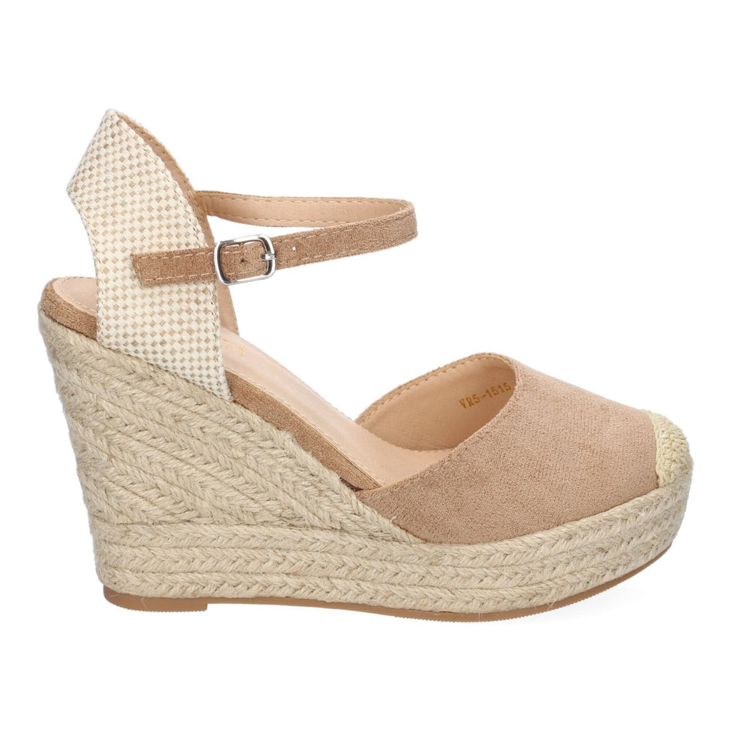 Sandalias Taupe Mujer Cuña Yute Punta Bordada Cómodas