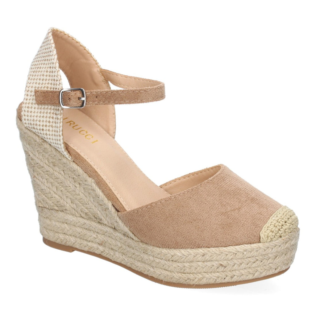 Sandalias Taupe Mujer Cuña Yute Punta Bordada Cómodas