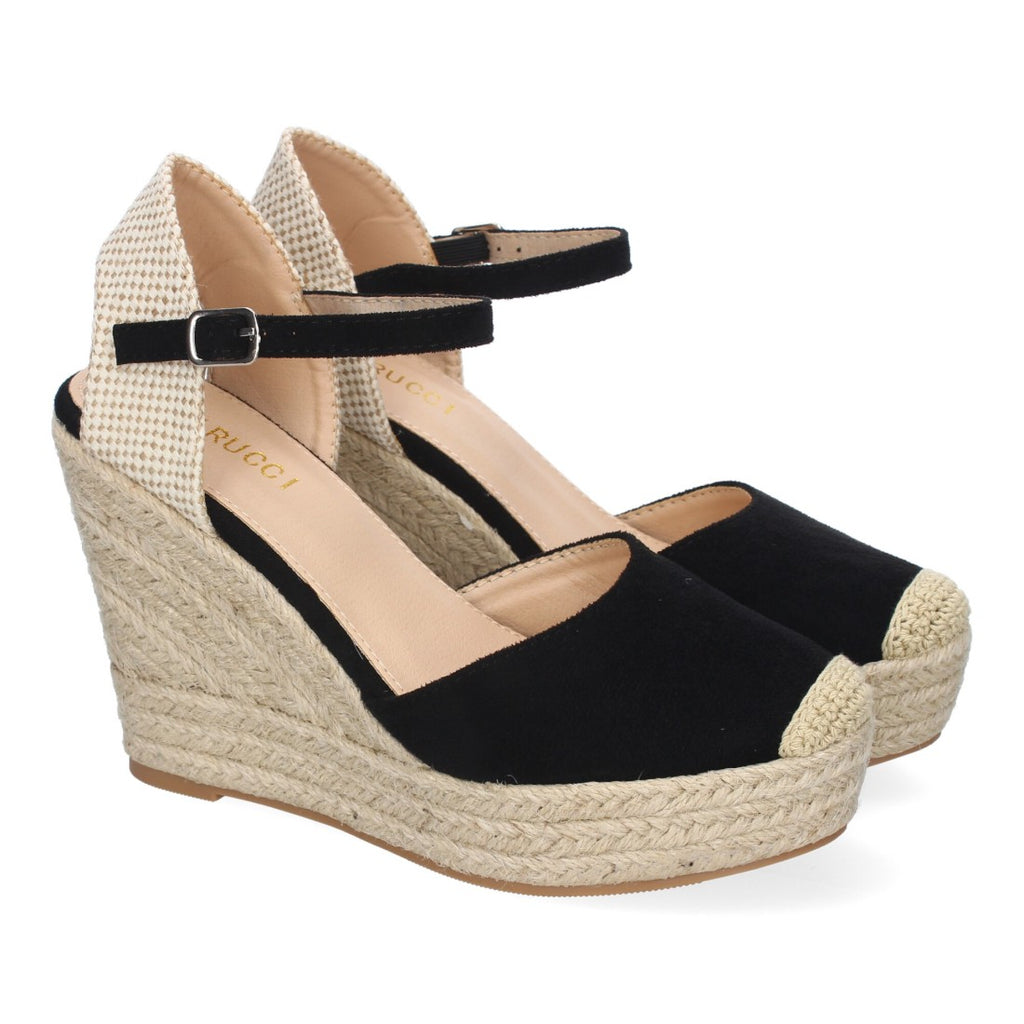 Sandalias Negras Mujer Cuña Yute Punta Bordada Cómodas