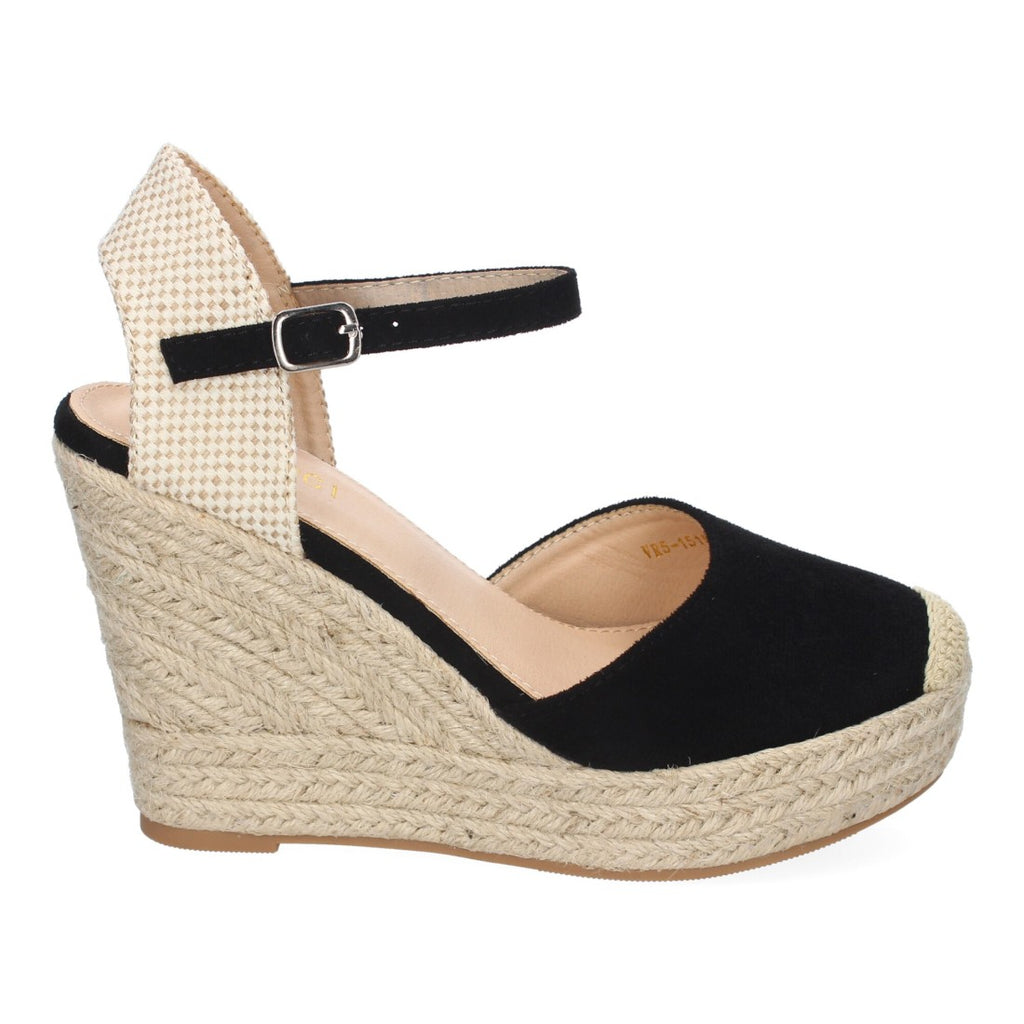 Sandalias Negras Mujer Cuña Yute Punta Bordada Cómodas